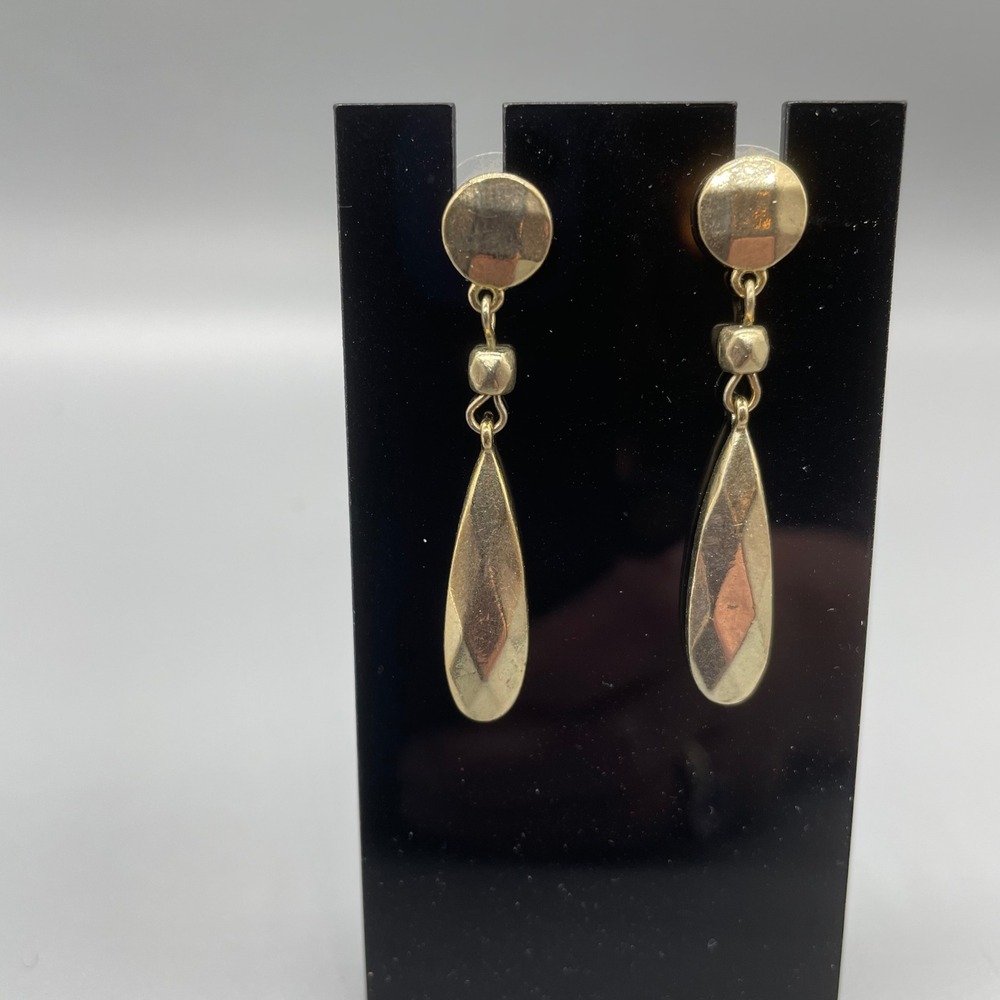 Gold Tone Faceted Teardrop Dangle‎ Earrings Geometric Bead Drop Post Back 1.75"